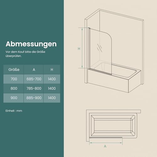 EMKE Badewanne Duschwand für Badewanne 80x140 cm, Badewannenaufsatz Faltbar Duschtrennwand für Badewanne Badewannenfaltwand 6 mm Sicherheitsglas Duschabtrennung Badewanne