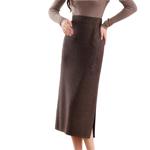Women Winter Long Knitted Woolen Skirt Soft Fit Bodycon Half-Length Skirt Mocha Brown S