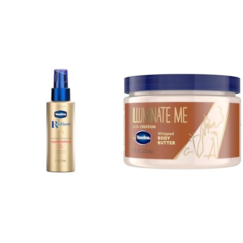 Vaseline Radiant X Replenishing Body Oil with Jojoba & Coconut Oils 3.7oz + Illuminate Me Shea Butter Whipped Body Butter for Melanin Rich Skin 11oz