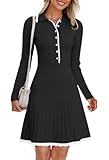 MEROKEETY Women's Long Sleeve V Neck Sweater Dress 2025 Spring Button Knit Pleated Mini Work Dresses, Black, Large