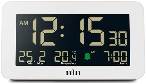 Braun Digital Alarm Clock with Date, Month and Temperature Displayed, Negative LCD Display, Quick Set, Crescendo Beep Alarm in White, Model BC10W.