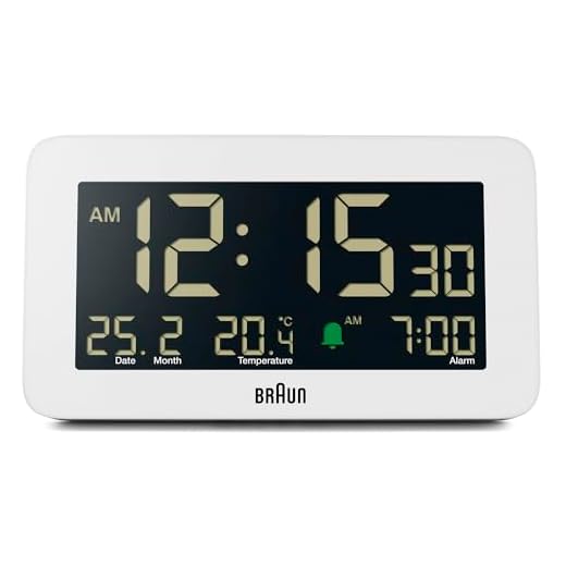 Braun Digital Alarm Clock with Date, Month and Temperature Displayed, Negative LCD Display, Quick Set, Crescendo Beep Alarm in White, Model BC10W.