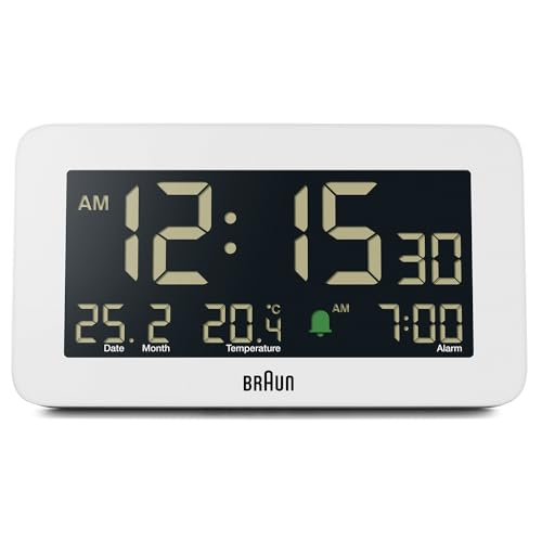 Braun Digital Alarm Clock with Date, Month and Temperature Displayed, Negative LCD Display, Quick Set, Crescendo Beep Alarm in White, Model BC10W.