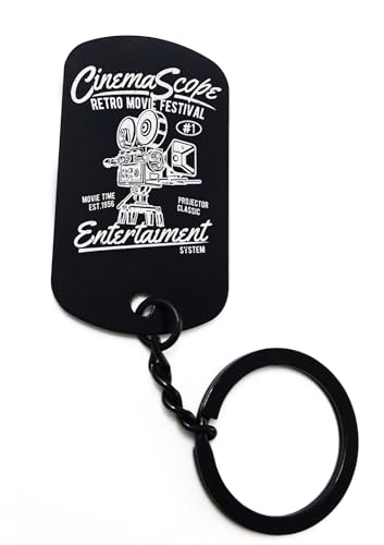 ENTROPIJA Llavero de cámara de cine retro grabado con láser, llavero negro clásico con etiqueta de acero, Negro, Talla única