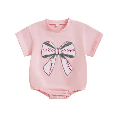 Newborn Summer Outfit Baby Girl Baseball Bow Embroidery Bubble Romper Short Sleeve One Piece Bodysuit