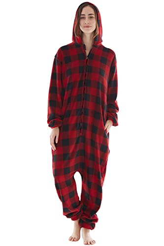 Pijamas Familiares de Navidad, Onepiece Jumpsuit de Ropa Franela Dormir de Alce Manga Larga Navideñas para Mujer Hombre Rejilla Negra Roja - Mujer, XL Cover