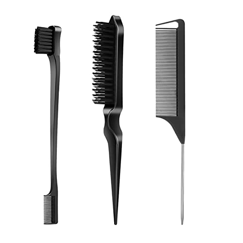 SWEET VIEW 3 Pcs Slick Back Hair Brush Set with Edge Brush, Bristle Brush, Rat Tail Comb, Teasing Brush Set for Smoothing Baby Hair & Flyaways – Black