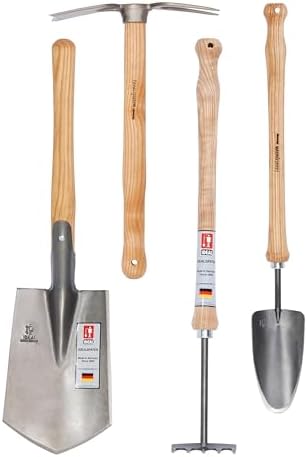 The IDEALSPATEN 4-piece garden tool set laid out, showcasing its sturdy design and craftsmanship.