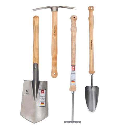 IDEALSPATEN Small Garden Tool Set Collection - 4 Piece Set - Panzer Field Shovel, Heidelberg Hand Mattock, Hanover Hand Rake, Lübeck Hand Shovel