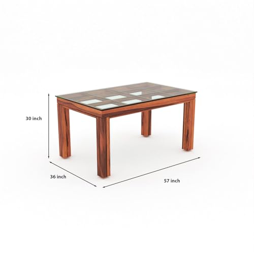 Image of Solid Sheesham Wood Dining Glass Top Table Set of 6| Wooden 6 Seater Dining Table with 6 Chairs with Cushion|Wood Dining Table & Chairs for Home, Restaurant, Dining Room |Honey Finish