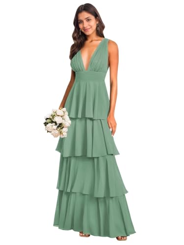 BONOYUER Tiered Ruffles Bridesmaid Dresses Long for Wedding A Line V Neck Chiffon Formal Evening Dress
