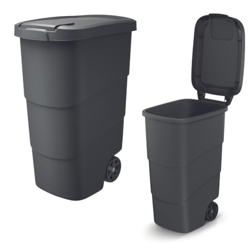 FORTENA Mülleimer Mülltonne mit Rädern und Deckel 90L Abfallbehälter zur Erleichterung der Trennung (Schwarz)