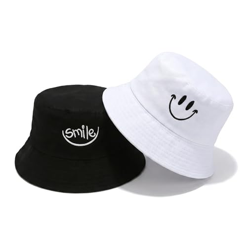 ZJEEACO Reversible Bucket Hat Print Bucket Hats Men Women UV Protection Sun Hat Lightweight Breathable Packable Beach Mens Bucket Hat for Travel Outdoor Activities (White Black Smile)