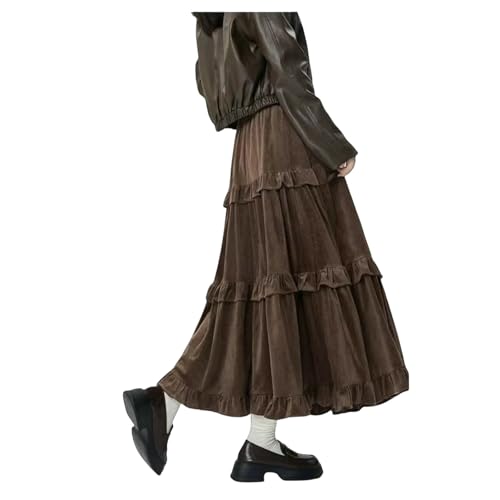 Gyios Falda Larga Mujer Faldas De Longitud Media para Otoño E Invierno, Terciopelo Mujer, Medias con Volantes Retales Elásticos Retro Invierno-Cafe-Talla Única