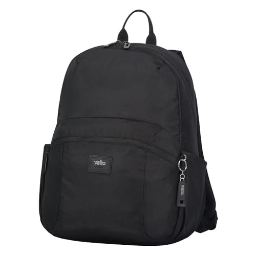 TOTTO - Mochila para Ordenador Portátil de 14 Pulgadas, Modelo Trik, 2 Compartimentos, 2 Bolsillos para Botella, Bolsillo Secreto, Espaldar Ergonómico, Cómodas Correas en S, Color Negro