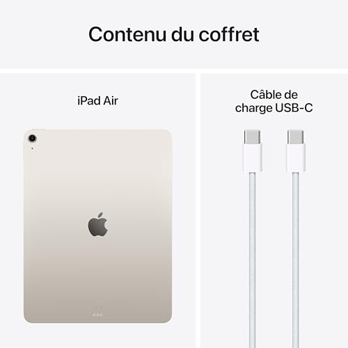 Apple iPad Air 13 Pouces avec Puce M3 : Apple Intelligence, écran Liquid Retina, 128 Go, caméras Avant/arrière 12 Mpx, Wi-FI 6E, Touch ID, autonomie d’Une journée – Lumière stellaire