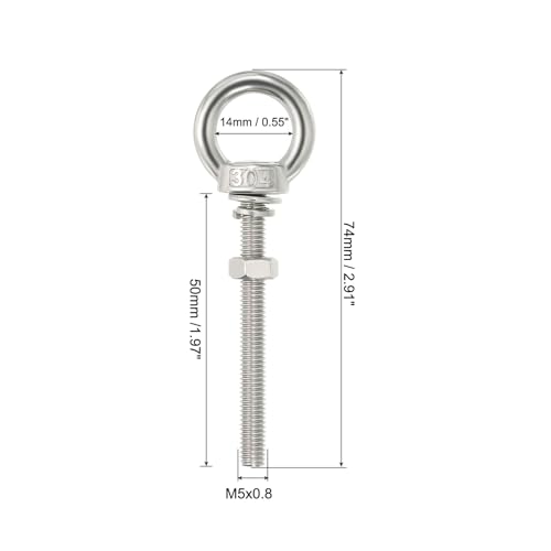 Image of uxcell M5*50 3 /16 inchx1.97 inch Stainless Steel Eye Bolts Threaded Screw Eyebolt Shoulder Ring with Nuts Washers for Lifting Hanging, 4 Set