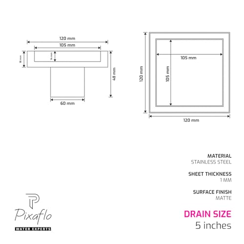 Image of Pixaflo Square Tile Insert Floor Drain | 5 x 5 Inches | 304 Stainless Steel | Invisible Shower Drain Channel | Waste Water Floor Drain for 13mm Tile | Drainer Channel | Anti Cockroach Trap | Silver