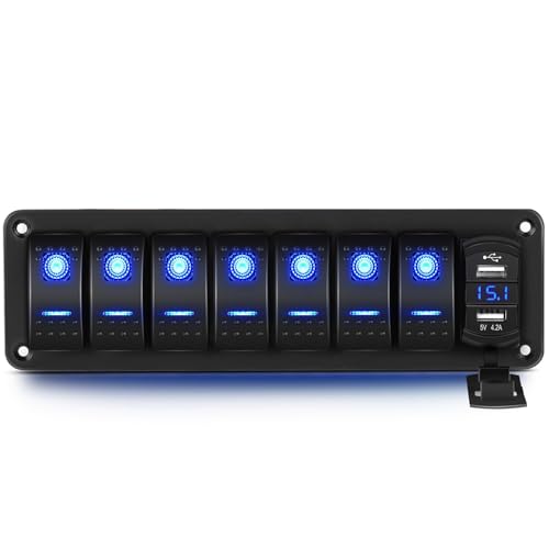 Greluma Pannello interruttori a bilanciere a 7 bande in alluminio con voltmetro e doppia USB (4,2A),ricarica rapida,LED retroilluminato,precablato IP65 impermeabile per nautica,barca,auto,camion(blu)
