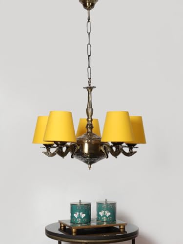 Image of Devansh 05 Lights Yellow conical Cotton Shade with Antique Golden Chandelier