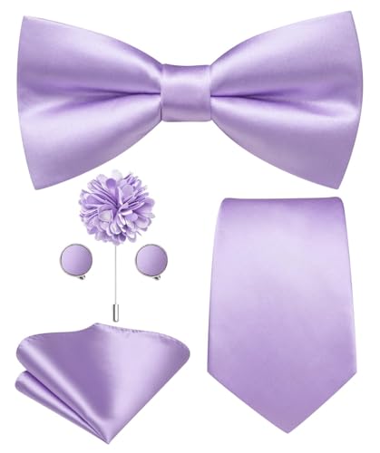 Image of Hi-Tie 5Pcs Mens Solid Color Silk Tie Satin Pretied Bowtie Lapel Pin for Men Handkerchief Cufflink Wedding Gift Box
