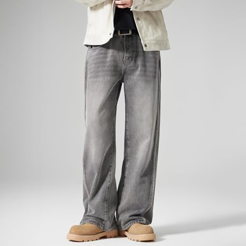 Men's Straight Leg Denim Jeans,Grey, High Waist, Wide Leg, Distressed Streetwear Style, Casual Wear, 32x32 Inch3