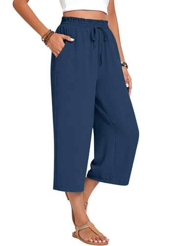 Womens Capri Pants Wide Leg High Waisted Lounge Pants Drawstring Casual Loose Palazzo Pants Trousers with Pockets Navy XXL2