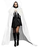 HOMELEX Unisex Solid Velvet Adult Full Length Hooded Robe Cape with Classic Gothic Feather Cloak Suit White