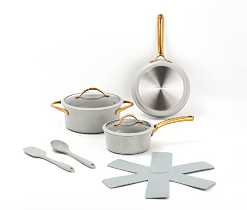 PHANTOM CHEF Juego de utensilios de cocina de lujo de 8 piezas, revestimiento de cerámica antiadherente, apto para horno y lavavajillas, sin PFOA, juego de ollas y sartenes de aluminio con tapas de vidrio, compatible con estufa de inducción (gris)