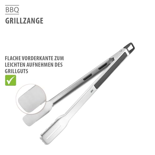 GEFU Grillzange BBQ – Edelstahlzange mit Antirutsch-Griff, flacher Vorderkante & Fettablaufschlitz, mit praktischer Verriegelung & Aufhängeöse - 42,5 cm Länge
