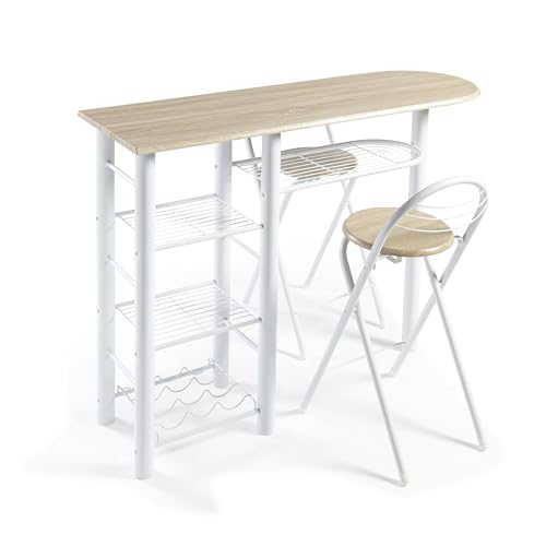 DUPI Conjunto Mesa de Cocina Bar | Estructura Metálica | Tabla de Madera con 4 Estantes | 2 Taburetes Plegables, 120 x 40 x 87 cm, Madera (Taupe)