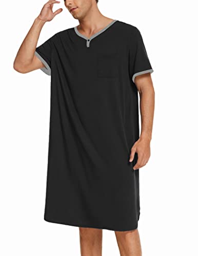 Ekouaer Men's Nightshirt Nightwear Comfy Big&Tall Short Sleeve Henley Sleep Shirt Black #TOP2