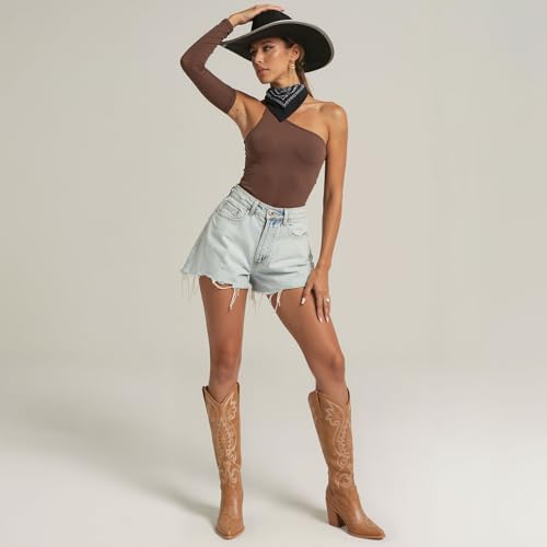 Image of Modatope Knee High Cowboy Cowgirl Boots Embroidered Tall Western Boots for Women with Block Chunky Heel Pointed Toe and Slip on Design