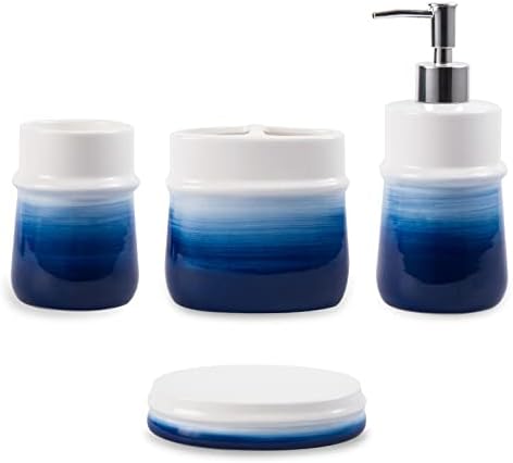 RZCNC Navy Blue Bathroom Accessories Set, 4-Piece Blue Ceramic Bathroom Decorations Accessories Set,Contain Toothbrush Cup,Soap Dispenser,Soap Dish,Tumbler