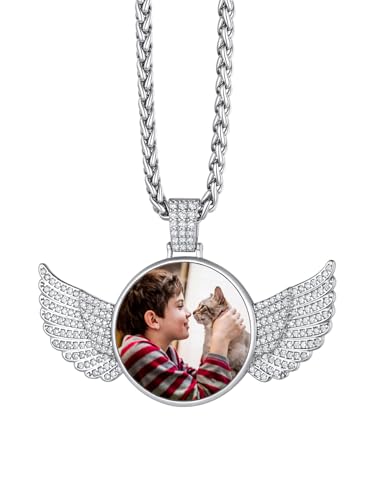 Richsteel Custom Picture Angel Wing Pendant Necklace Personalized Cubic Zirconia