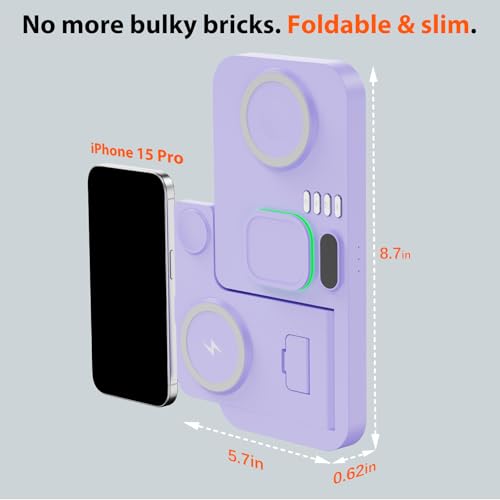 Image of Dual Phone Magnetic Wireless Charging Station for Apple Devices, 7-Color Auto Light & 12H Clock, Multi-Device Charger for iPhone 17 /16 /15, for iWatch 11 /10 /9 & AirPods Pro3(Purple