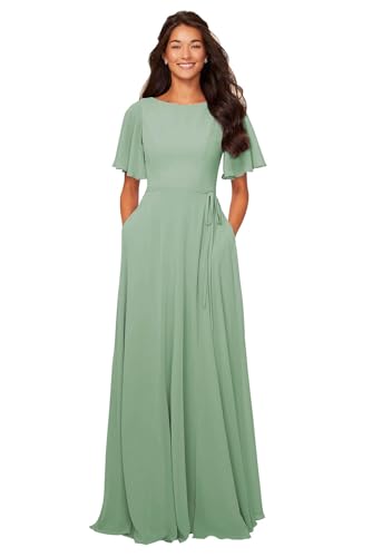 GOEBAODEEN Chiffon Modest Bridesmaid Dresses A Line Bateau Neck Flutter Sleeve Formal Evening Gown with Pockets