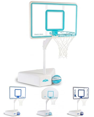 Dunn-Rite Splash & Shoot Outdoor Adjustable Height Swimming Pool Basketball Hoop w/Ball, Base, & 18 Inch Stainless Steel Rim, Made in USA, Clear