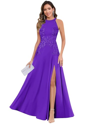 GUKARLEED Women’s Lace Appliques A-line Mother of Bride Dresses Halter Long Slit Sleeveless Formal Dress for Wedding Guest