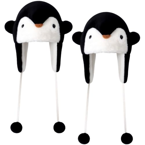 Cutecrop 2 Pcs Penguin Plush Hat Funny Animal Winter Ski Hat Penguin Beanie with Ear Flaps Black and White Soft Ski Gift Winter Warm Costume for Women Kids Girls Cosplay Party Animal Lover Gifts