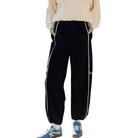 Xiaoxuemeng Womens Side Striped Pants Wide Leg Baggy Jogger Elastic Waisted Comfy Trousers with Pockets(Black-XS) Cover
