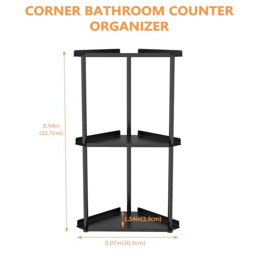 Image of FLE Corner Bathroom Counter Organizer, 3 Tier Corner Shelf Countertop Black | 3 Tier Corner Shelf, Tabletop Mount,Waterproof solid shelf fits bathroom toiletries and kitchen condiment storage.