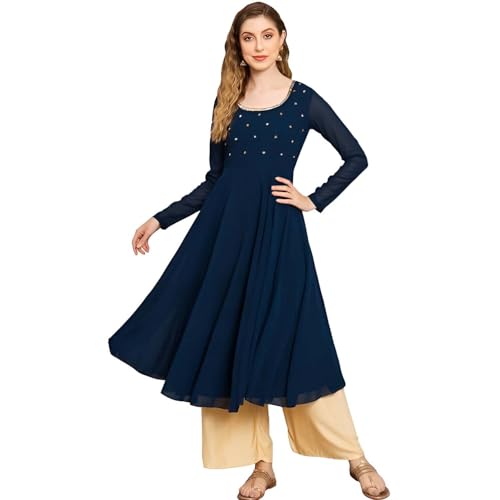 Image of PH POSHAKHUB Georgette Regular Fit Hand Embroidery Anarkali Kurta Set for Women, Yoke Anarkali Kurta for Woman, Ankle Length Anarkali Suit for Women, Full Sleeve Kurti, Dress for Woman