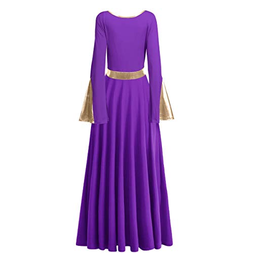 Women's Ladies Praise Stretchy Full Length Flare Long Sleeve Dance Dress Adult Lyrical Skirt Gymnastics and Ballet Dresses Maxi Gown Dancing Plain Color Clothes Swing Skirt Purple + Gold 2XL