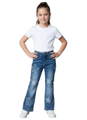 Image of Amazon Brand - Jam & Honey Girls Cotton Rich Lightweight Breathable Mid Rise Jeans | Stylish Star Design | Regular Fit | Age 2-13 Years