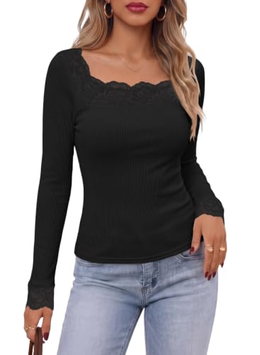 Image of Dokotoo Womens Tops Lace Long Sleeve T Shirts Ribbed Knit Stretch Top 2026