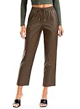 SANTINY Women's Faux Leather Pants High Waisted Straight Leg Cropped Ankle Trousers Vegan Matte Pleather Pants for Women Crop(Brown_XXL)
