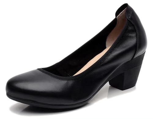 Women's Genuine Leather Chunky Heel Pumps Slip Ons