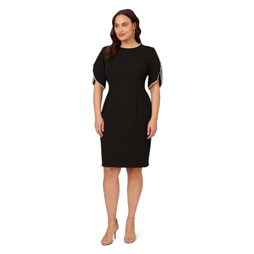 Image of Adrianna Papell Women's Knit Crepe Pearl Midi Dress | Knee Length Cocktail Dress with Pearl Trim & Tailored Fit