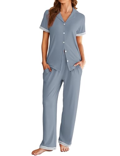 Ekouaer Womens Pajama Sets Short Sleeve Button Up Pjs, Chic Contrast Trim, Long Pants with Pockets,Soft Loungewear Set S-XXL